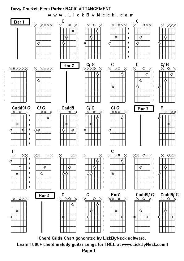 Chord Grids Chart of chord melody fingerstyle guitar song-Davy Crockett-Fess Parker-BASIC ARRANGEMENT,generated by LickByNeck software.